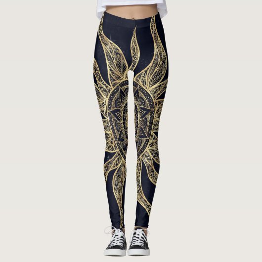 Elegantes Gold Sun Mandala Blauer Nebel Design Leggings (Vorderseite)