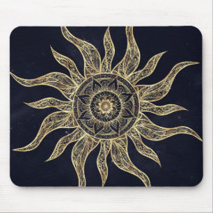 Elegantes Gold Sun Mandala Blauer Nebel Design Mousepad