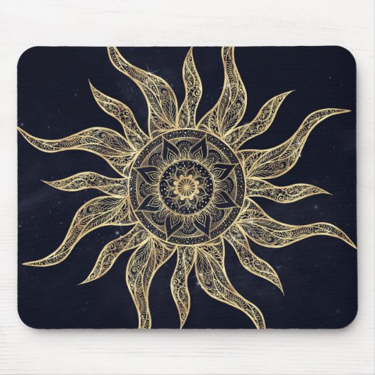 Elegantes Gold Sun Mandala Blauer Nebel Design Mousepad (Vorne)