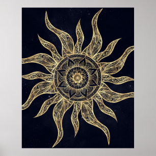 Elegantes Gold Sun Mandala Blauer Nebel Design Poster
