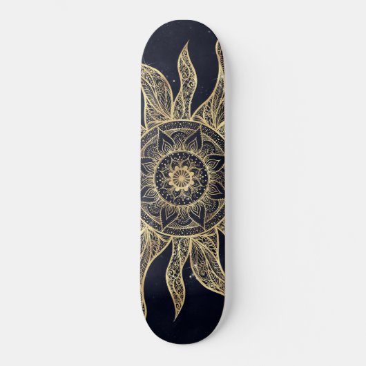 Elegantes Gold Sun Mandala Blauer Nebel Design Skateboard (Vorderseite)