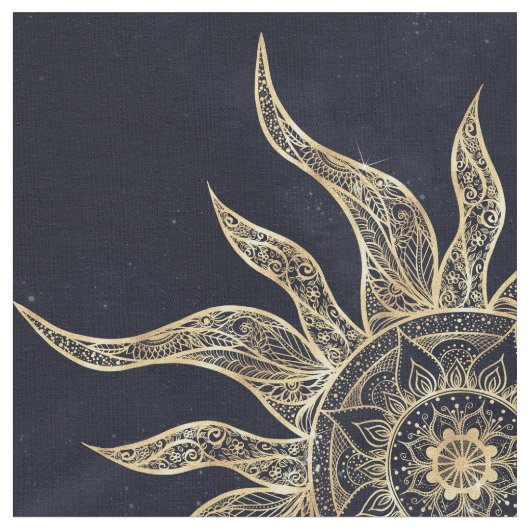 Elegantes Gold Sun Mandala Blauer Nebel Design Stoff (Nahaufnahme)