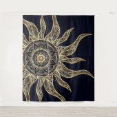 Elegantes Gold Sun Mandala Blauer Nebel Design Wandteppich (Vorderseite)
