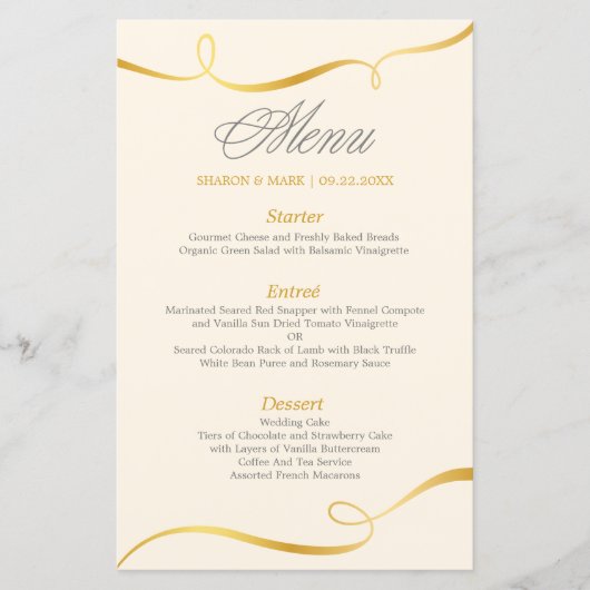 Elegantes Gold Swirl Dinner Menü | Editierbare Far (Vorderseite)