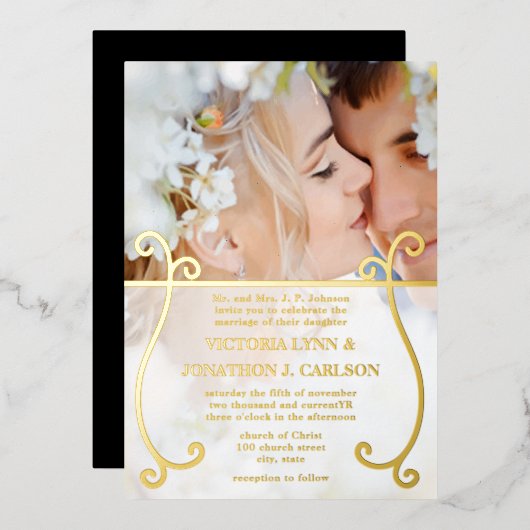 Elegantes Gold Swirl Foto Hochzeit Folieneinladung (Vorderseite/Rückseite)