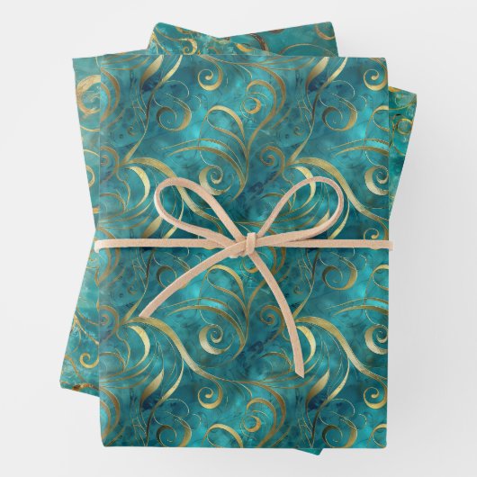 Elegantes Gold Swirl Muster auf türkisfarbenem Hin Geschenkpapier Set (Beispiel)
