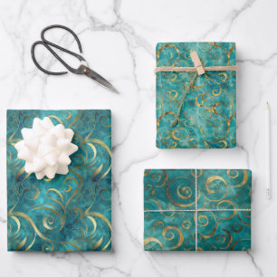 Elegantes Gold Swirl Muster auf türkisfarbenem Hin Geschenkpapier Set