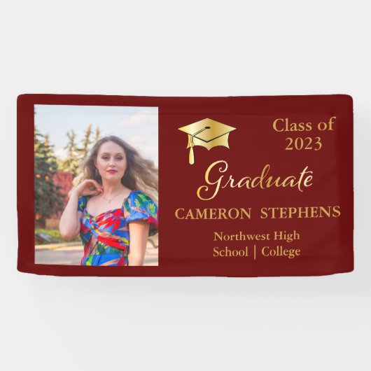 Elegantes Gold Tone auf Maroon Graduate Foto Banne Banner (Horizontal)