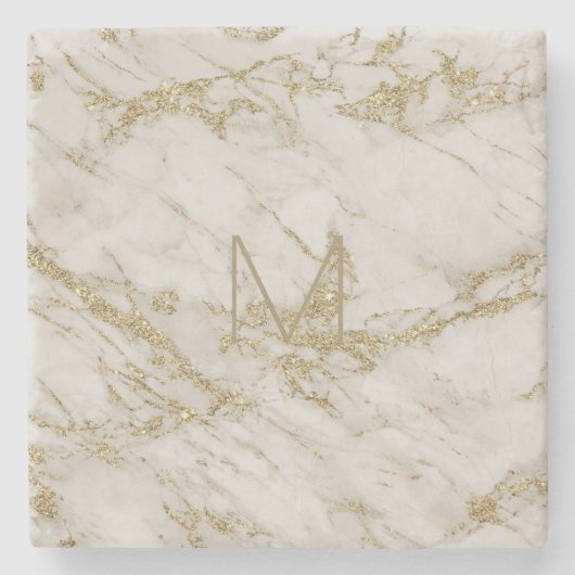 Elegantes Gold Trim Marmor Monogramm Steinuntersetzer (Vorderseite)