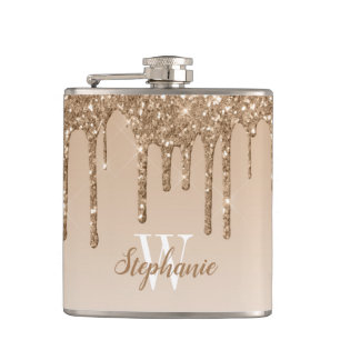 Elegantes Gold tropfendes falsches Glitter Monogra Flachmann