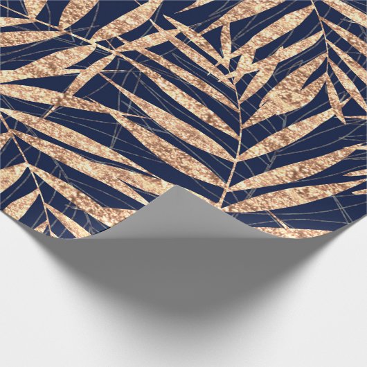 Elegantes Gold Tropical Palm Blätter Blaues Design Geschenkpapier (Ecke)