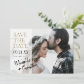 Elegantes Gold Typografy Foto Hochzeit Save The Date (Stehend Vorderseite)