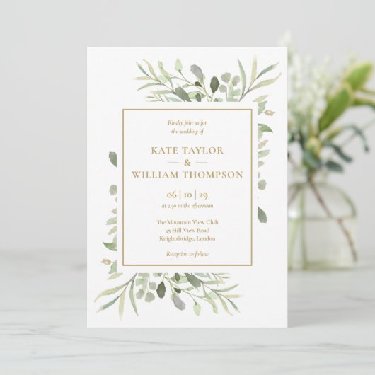 Elegantes Gold Typografy Greenerity Foto Wedding Einladung (Stehend Vorderseite)