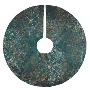 Elegantes Gold und Aquamarines Mandala-Muster Polyester Weihnachtsbaumdecke