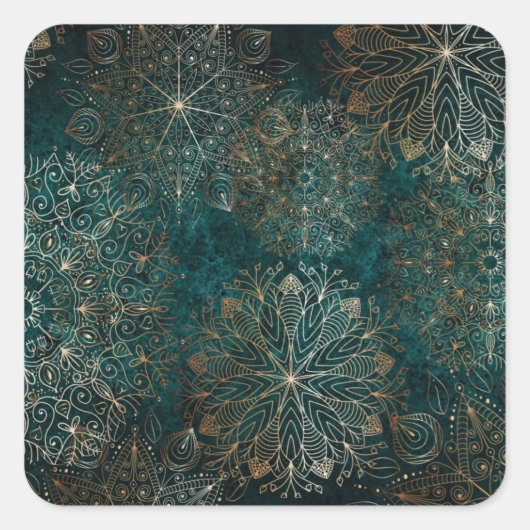 Elegantes Gold und Aquamarines Mandala-Muster Quadratischer Aufkleber (Vorderseite)
