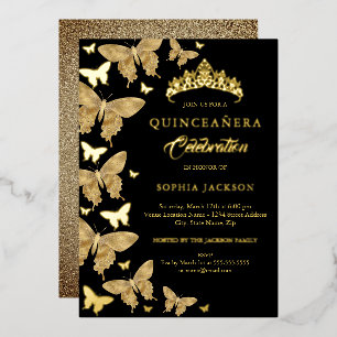 Elegantes Gold und Black Butterfly Quinceanera Folieneinladung