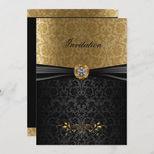 Elegantes Gold und Black Damask Einladung (Vorne/Hinten)