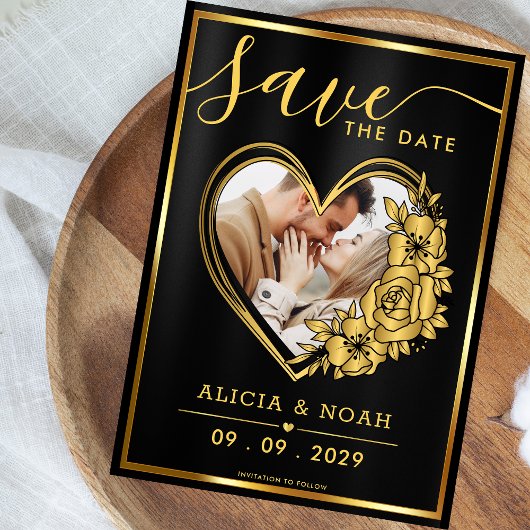 Elegantes Gold- und Black Heart-Foto Save the Date