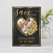 Elegantes Gold- und Black Heart-Foto Save the Date (Stehend Vorderseite)