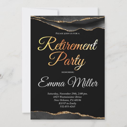 Elegantes Gold- und Black Rentirement-Party Einladung (Vorderseite)