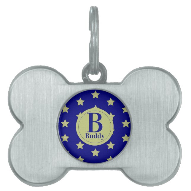 Elegantes Gold- und Blau-Sternmuster-Monogramm Tiermarke (Vorderseite)