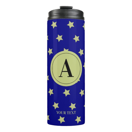 Elegantes Gold- und Blauster-Muster-Monogramm Thermosbecher (Vorderseite)