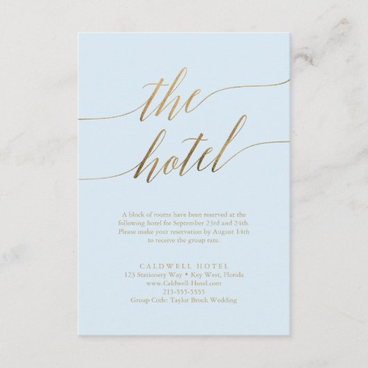 Elegantes Gold und Blue Calligraphy Hotel Begleitkarte (Vorderseite)