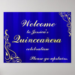 Elegantes Gold und Blue Quinceanera Begrüßungszeic Poster