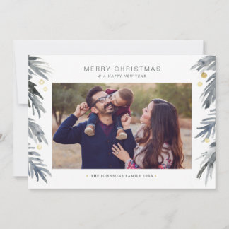 Elegantes Gold und Blue Watercolor Branches Collag Feiertagskarte