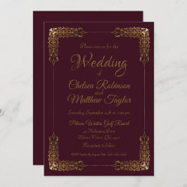 Elegantes Gold und Burgund Lace Hochzeit Einladung