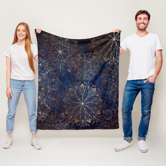 Elegantes Gold- und Dark Blue Floral Mandala Muste Fleecedecke (Beispiel)