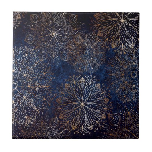 Elegantes Gold- und Dark Blue Floral Mandala Muste Fliese (Vorderseite)