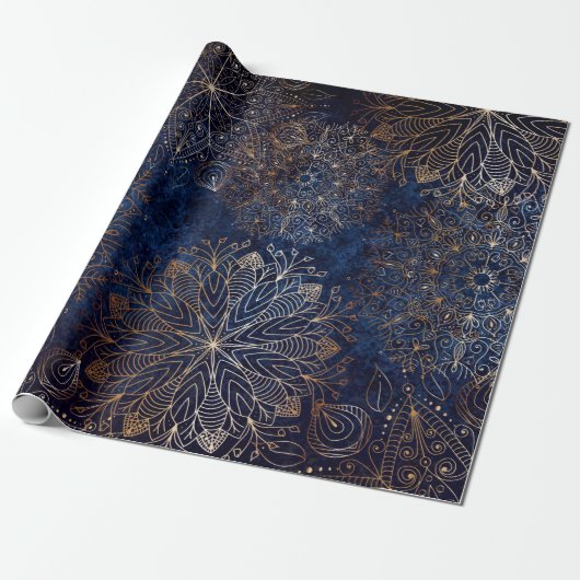 Elegantes Gold- und Dark Blue Floral Mandala Muste Geschenkpapier (Ungerollt)