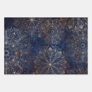 Elegantes Gold- und Dark Blue Floral Mandala Muste Geschenkpapier Set