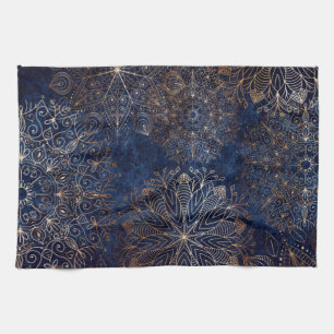 Elegantes Gold- und Dark Blue Floral Mandala Muste Geschirrtuch