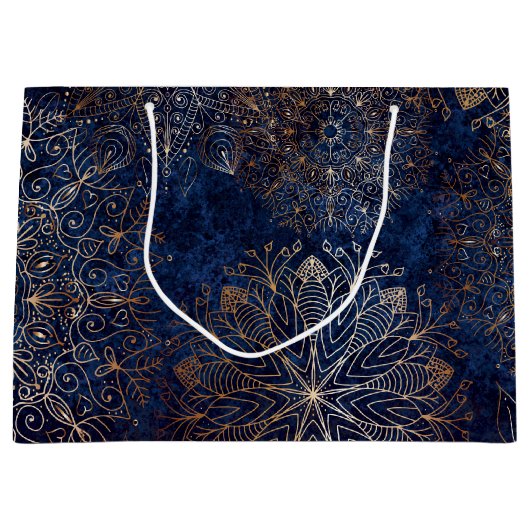 Elegantes Gold- und Dark Blue Floral Mandala Muste Große Geschenktüte (Vorderseite)