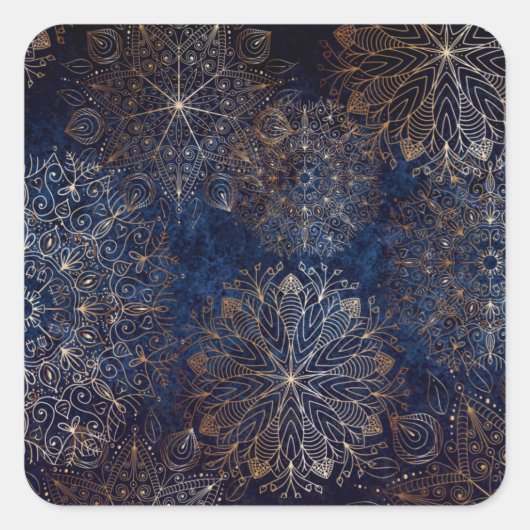 Elegantes Gold- und Dark Blue Floral Mandala Muste Quadratischer Aufkleber (Vorderseite)