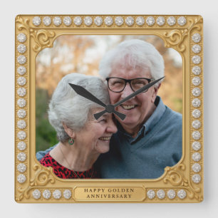 Elegantes Gold- und Diamant-Jubiläumsfoto zum 50.  Quadratische Wanduhr