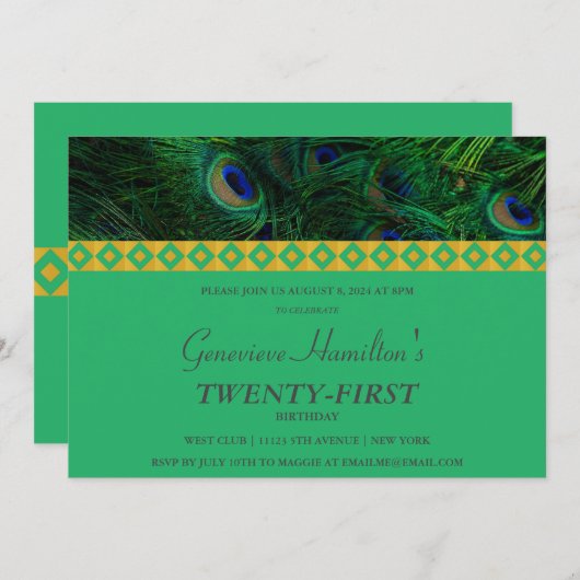 Elegantes Gold und Feathers Einladung zum Geburtst (Vorne/Hinten)