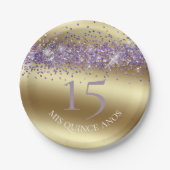 Elegantes Gold und Glitzer Quinceñera Pappteller (Vorderseite)