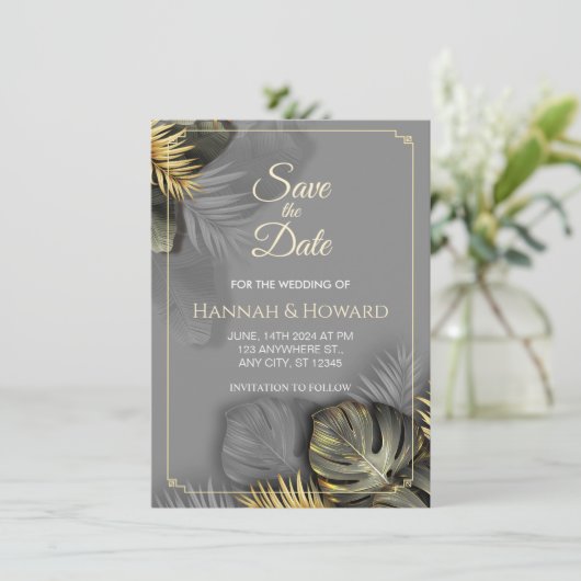 Elegantes Gold und Gray Botanisch, tropisch Einladung (Stehend Vorderseite)