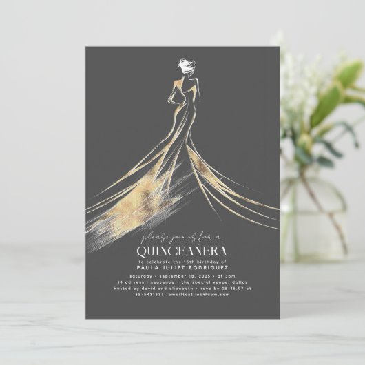 Elegantes Gold und Gray QUINCEAÑERA Einladung (Stehend Vorderseite)