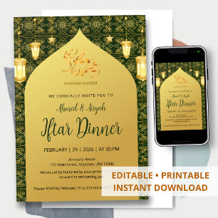 Elegantes Gold- und Grün-Islamisches-Bogen-Iftar-D Einladung