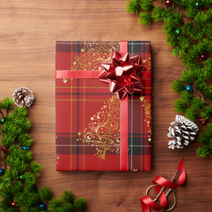 Elegantes Gold- und Kariertes Weihnachtsbaummuster Geschenkpapier