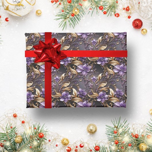 Elegantes Gold und Lila botanisches Blumenfestival Geschenkpapier