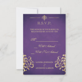 Elegantes Gold und Lila Damask Wedding R.S.V.P. RSVP Karte