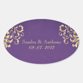 Elegantes Gold und Lila Damaskus-Hochzeitsticker Ovaler Aufkleber
