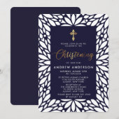 Elegantes Gold- und Navy Blue Boy Christening Einladung (Vorne/Hinten)