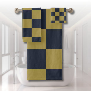 Elegantes Gold- und Navy-Blue-Checkered-Muster Badhandtuch Set