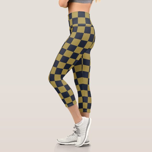 Elegantes Gold- und Navy-Blue-Checkered-Muster Capri Leggings (Links)